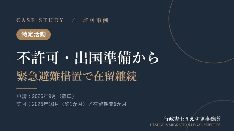 【特定活動】就労の在留資格が不許可となった後、本国の情勢不安による緊急避難措置で在留を継続